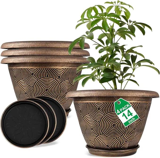 14 Inch Large Planter Pot for Plants Indoor Outdoor, 4 Pack Plastic Flower Pots with Drainage Hole & Tray, Modern Decorative Garden Pot with Saucer, Plant Container for House by GreenHaven Gardens