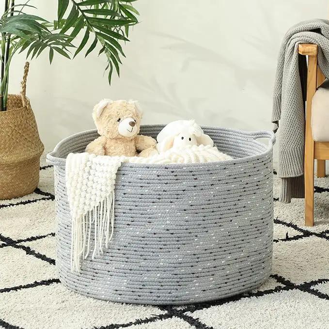KAKAMAY Large Blanket Basket (20"x13"),Woven Baskets for storage Baby Laundry Hamper, Cotton Rope Blanket Basket for Living Room, Laundry, Nursery, Pillows, Grey with Blue & Brown Dotted by GreenHaven Gardens