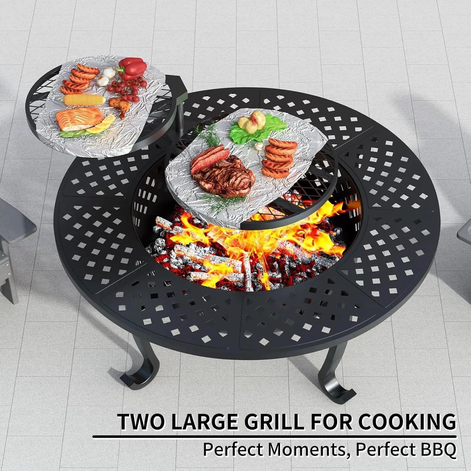 43 Inch Fire Pit with 2 Grill for Outside, Outdoor Wood Burning Firepit with Lid, Metal Round Table for Backyard Patio Garden Picnic Camping Bonfire, Black by GreenHaven Gardens