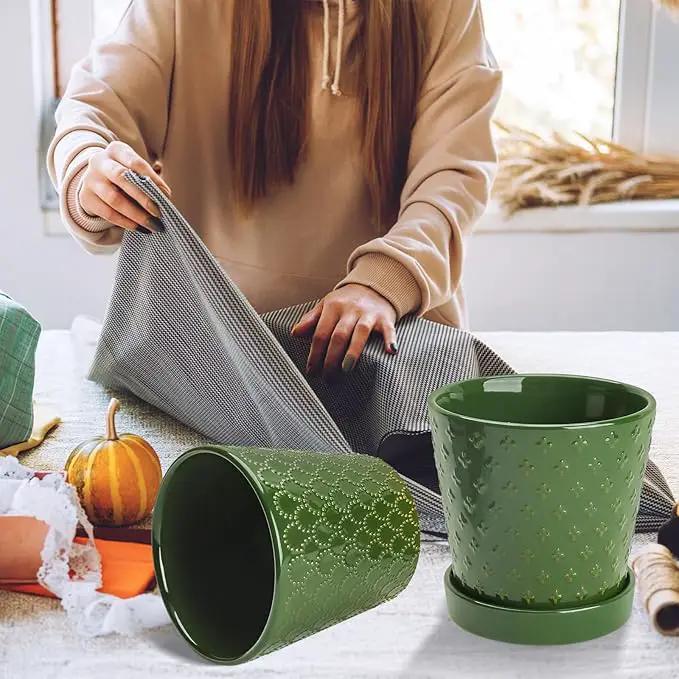 EFISPSS Ceramic Plant Pots, 5 Inch Planters with Drainage Holes and Ceramic Tray, Relief Design Flower Planter, Desktop Office Windowsill Decoration Gift Set of 4 - Blackish Green by GreenHaven Gardens