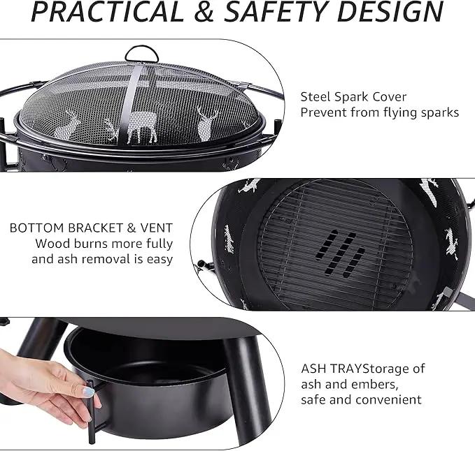 NATURAL EXPRESSIONS 32 Inch Large Fire Pit with 2 Grills, Outdoor Wood Burning Fire Pit with Cooking Grate, Lid, Poker and Round Waterproof Cover for Patio, Ourside, Bonfires, Picnic, Party. by GreenHaven Gardens