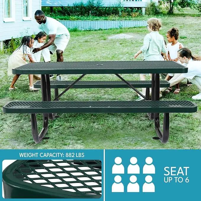 6 ft. Rectangular Outdoor Steel Picnic Table with Umbrella Pole, Heavy-Duty Weather-Resistant Dining Table for Patio, Backyard, and Garden, Rust-Resistant Finish, Green by GreenHaven Gardens