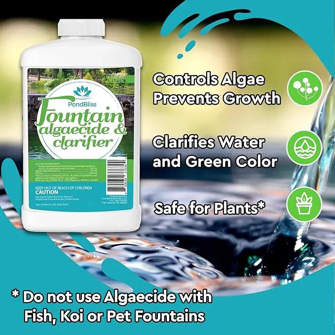 Algaecide for Fountains – Clarify and Controls Algae for Large and Small Fountain - 32 oz (Quart) by GreenHaven Gardens