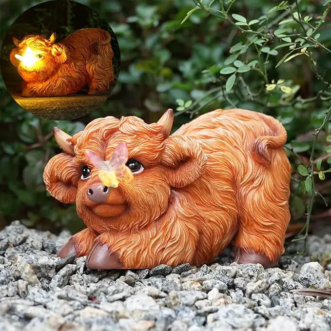 Highland Cow Solar Powered Outdoor Garden Statue, Resin Highland Cow Statue with Solar Light Lantern, Decorative Lawn, Yard Outdoor Highland Cow Decor. Unique home decorations, gifts for women by GreenHaven Gardens