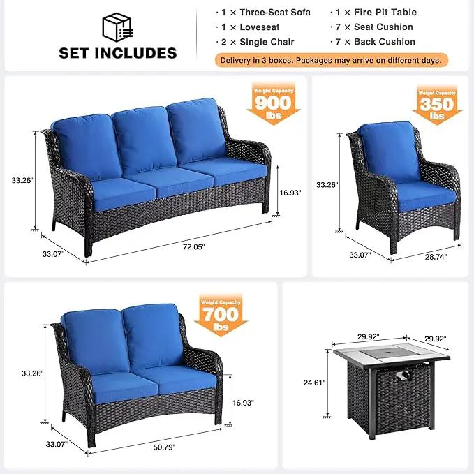ovios 5 Pieces Patio Furniture Set with 30" Fire Pit Table, Outdoor Wicker Sofa with Loveseat, Comfy Cushions, High Back Couch Conversation Set, Brown Rattan, Navy Blue by GreenHaven Gardens
