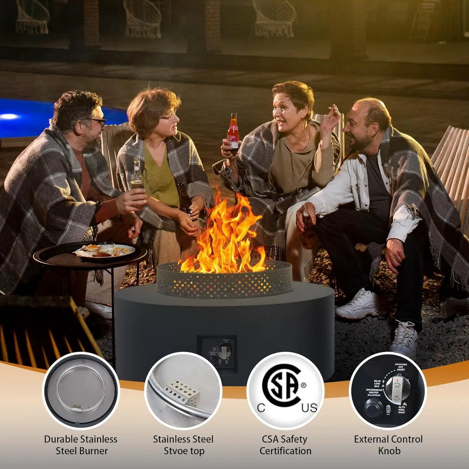 3-Piece Outdoor Fire Pit Table, 32 Inch Propane Fire Table 65,000 BTU Black Round Gas Firepit, Baking Sheet, Wind Guard and 16 inches Tank Side Table for Deck, Backyard and Pool, Black by GreenHaven Gardens