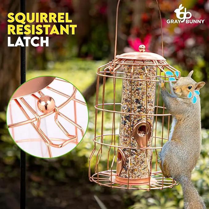 Squirrel Proof Bird Feeder for Outdoors Hanging (Metal Rose Gold) Bird Feeder with 4 Ports, Chew-Proof & Weather Resistant, Backyard Gift (10.25 x 6.25 x 6.25 inches) by GreenHaven Gardens