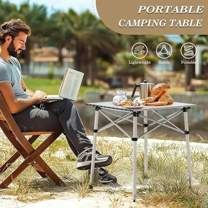 Athena Collection Foldable Camping Table, 28" Small Aluminum Outdoor Folding Camp Table with Roll Up Tabletop and Carry Bag, Lightweight and Portable for Outdoor Camping Picnic Grilling, Silver by GreenHaven Gardens