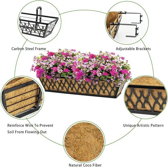 4 Pack 24 Inch Window Boxes Planters for Outdoor Plants Railing Planter Box with Adjustable Brackets for Windowsill Porch Fence Patio Hanging Flower Coco Baskets for Outside Decoration - Black by GreenHaven Gardens