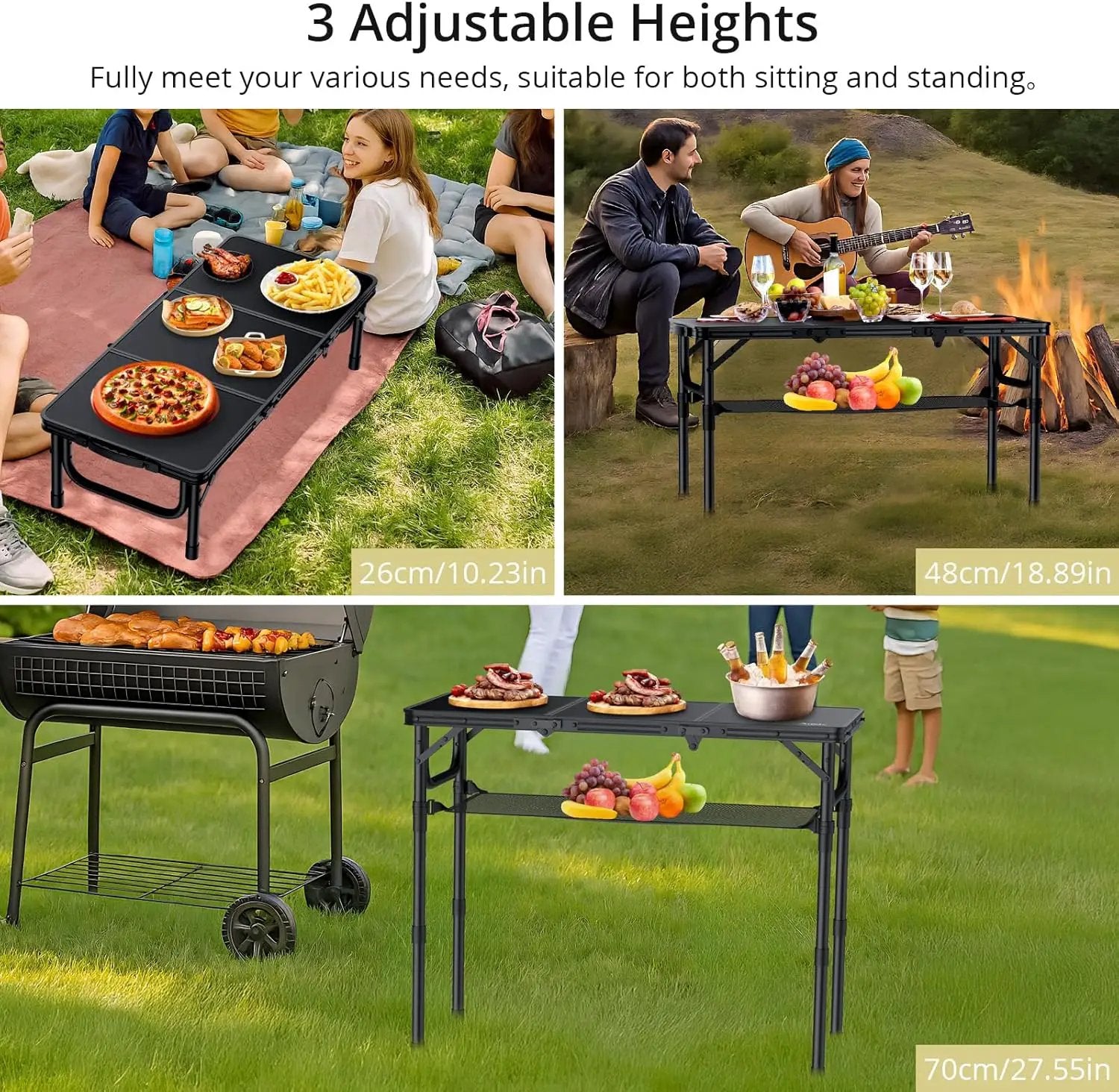 Folding Camping Table with Storage Net, 3ft Camping Table Aluminum Folding Table with 3 Adjustable Height Max 27.5 Inch Picnic Table Portable Table for Outdoor Backyard BBQ, Pure Black by GreenHaven Gardens