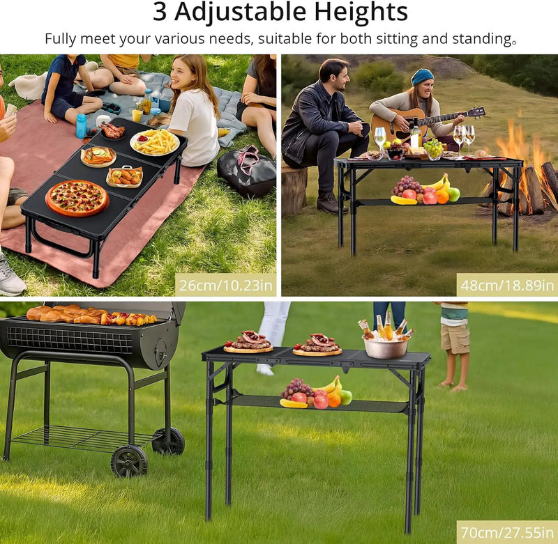 Folding Camping Table with Storage Net, 3ft Camping Table Aluminum Folding Table with 3 Adjustable Height Max 27.5 Inch Picnic Table Portable Table for Outdoor Backyard BBQ, Pure Black by GreenHaven Gardens
