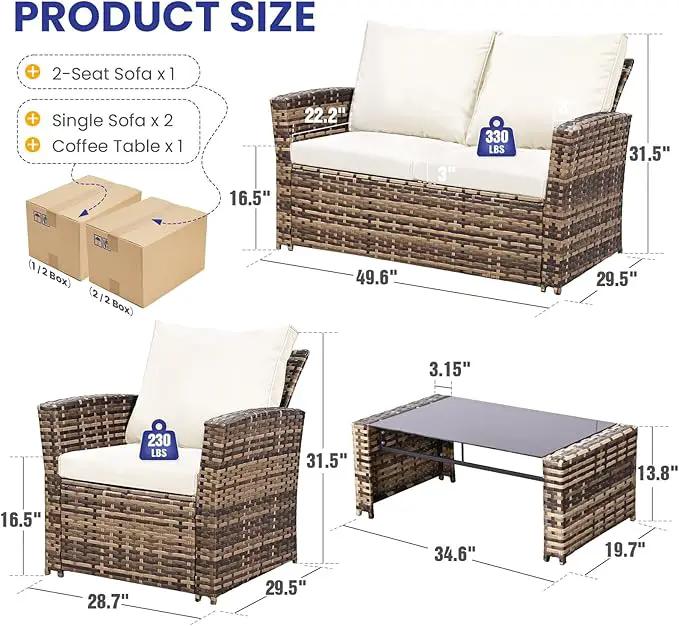 5 Piece Patio Furniture Set with 43" Propane Fire Pit Table, Outdoor Wicker Conversation Set, Rattan Modern Sectional Sofa Couch with Coffee Table for Backyard Porch Garden Poolside, Yellow-Beige by GreenHaven Gardens