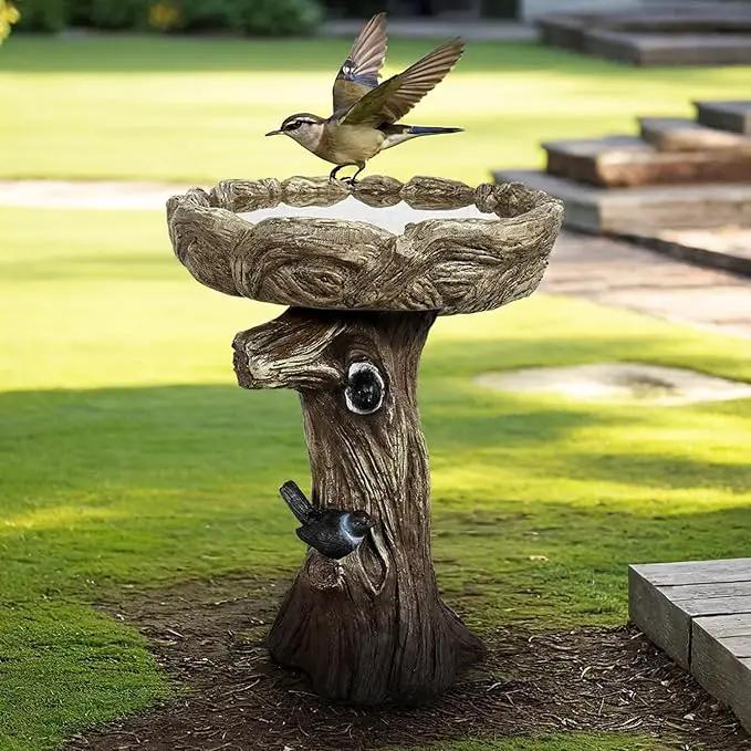 SunJet 23 Inch High Wood-Look Concrete Bird Bath with Decorative Faux Bird – Birdbath Rustic & Long-Lasting Design, Enhances Garden, Patio, Yard, Lawn Decor by GreenHaven Gardens