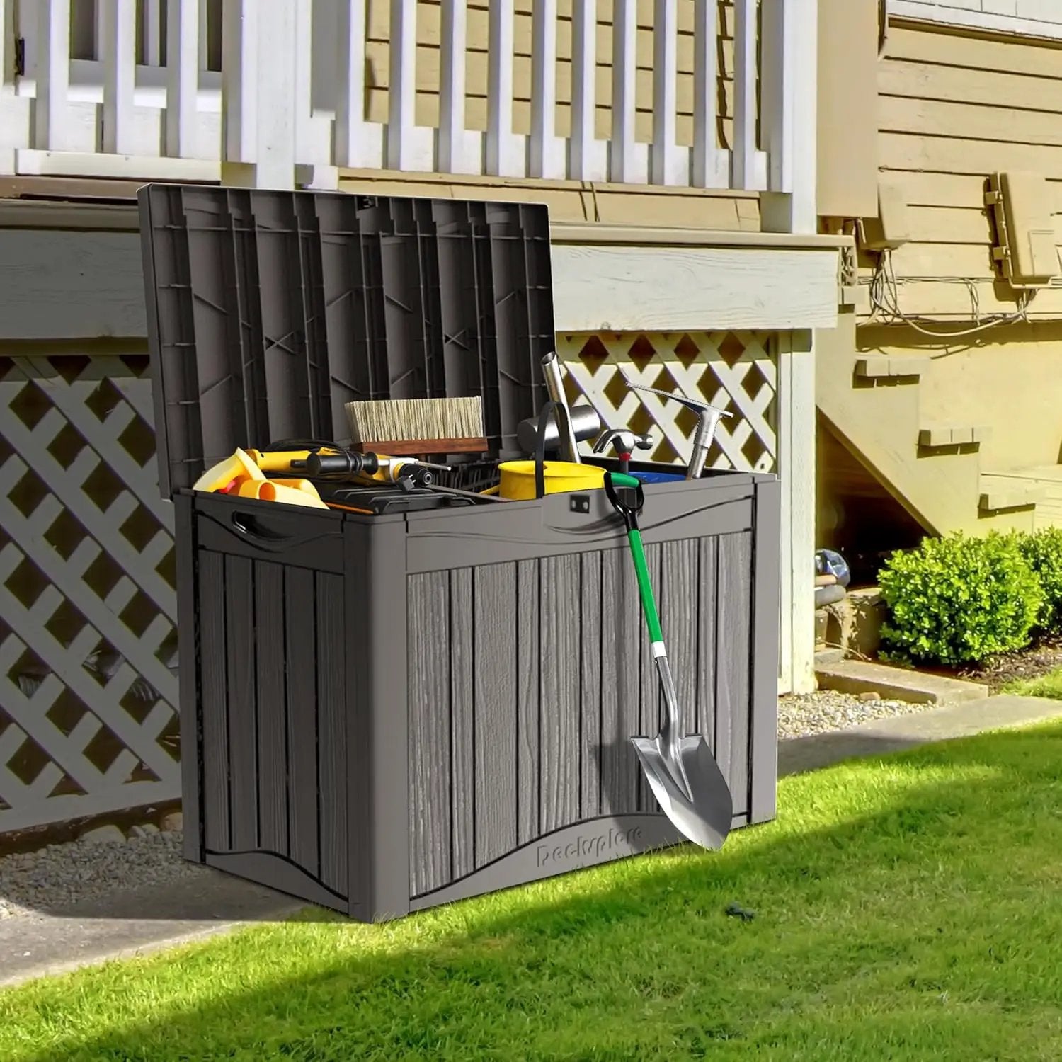 50GAL Brown Deck Box with Special Pattern & Lock Hole – Waterproof, SGS - Approved UV Resistance, Stylish Storage for Outdoor Cushions & Decor, Effortless Assembly by GreenHaven Gardens