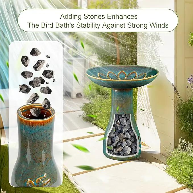 Ceramic Bird Bath for Outdoors, 21.5 inch Heavy Duty Bird Bath，Weather-Resistant Birdbath for Outdoor Garden Use, Attracts Birds, Elegant Yard Décor - Blue by GreenHaven Gardens