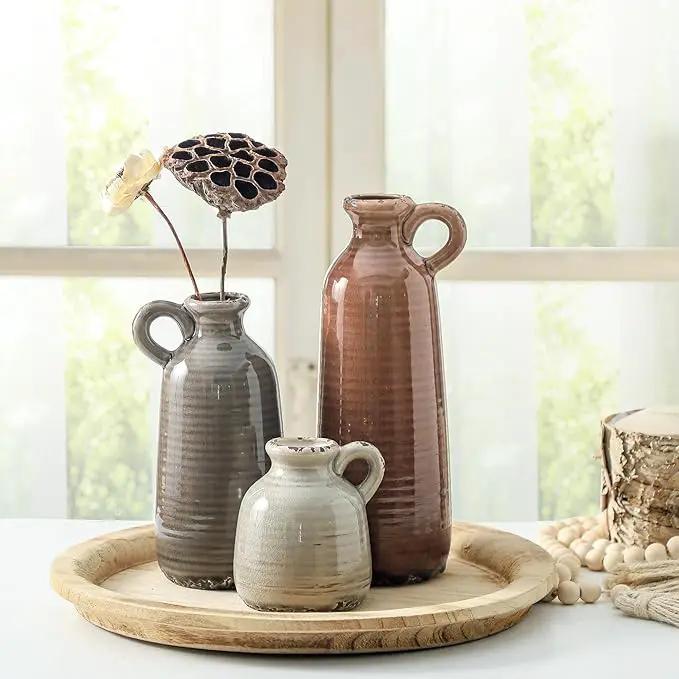 Ceramic Vases Set of 3, Neutral Rustic Farmhouse Vase with Handle, Decorative Flower Vases Home Decor Modern Boho Pampass Vase for Table Mantel Entryway Shelf Living Room Kitchen Bathroom - Brown by GreenHaven Gardens