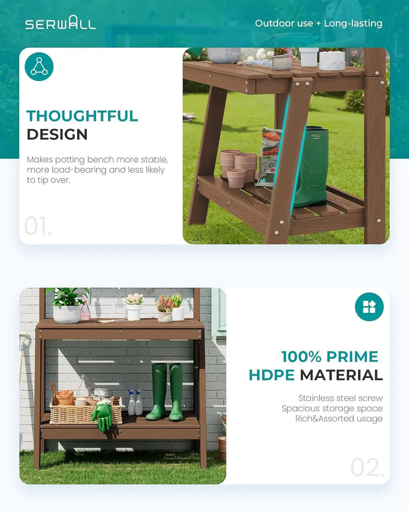 SERWALL Potting Bench Outdoor with Storage, 3-Tier HDPE Gardening Table with Angled Legs & Tool Hooks, All-Weather Heavy Duty Potting Table for Patio, Backyard, Garden, Brown by GreenHaven Gardens