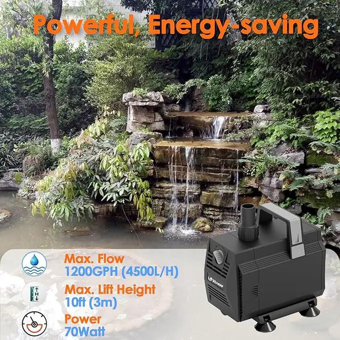 Submersible Water Pump 1200GPH/70W Fountain Pumps with Flow Control, Pond Pump Submersible Outdoor with 10ft 3-Core Power cable for Hydroponics, Aquarium, Waterfall, Statuary, Water feature by GreenHaven Gardens