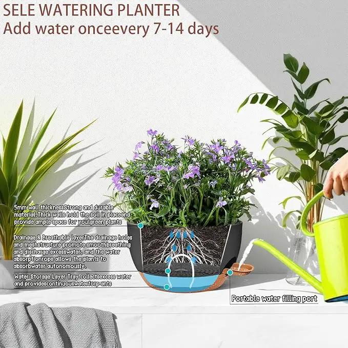 2 Pack 12 Inch Large Hanging Planters with Chains Self Watering Black Brown Plastic Hanging Pots for Indoor Outdoor Plants, Garden Porch Home Decor，Black Brown by GreenHaven Gardens