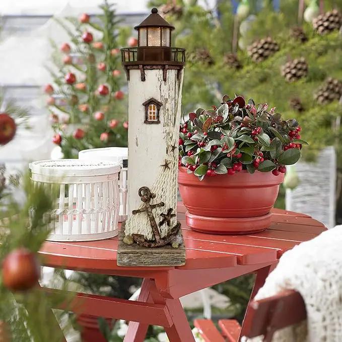 Wooden Lighthouse Decor with Light, Decorative Nautical Lighthouse Nightlight Rustic Ocean Sea Beach Themed Lighthouse Decoration by GreenHaven Gardens