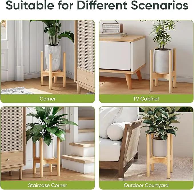 Adjustable Plant Stand, Bamboo Plant Stand Indoor with Tray, Wood Plant Stand for 8 to 12 inches Flower Pots, Single Mid Century Modern Plant Stand for Indoor Plants, Natural by GreenHaven Gardens