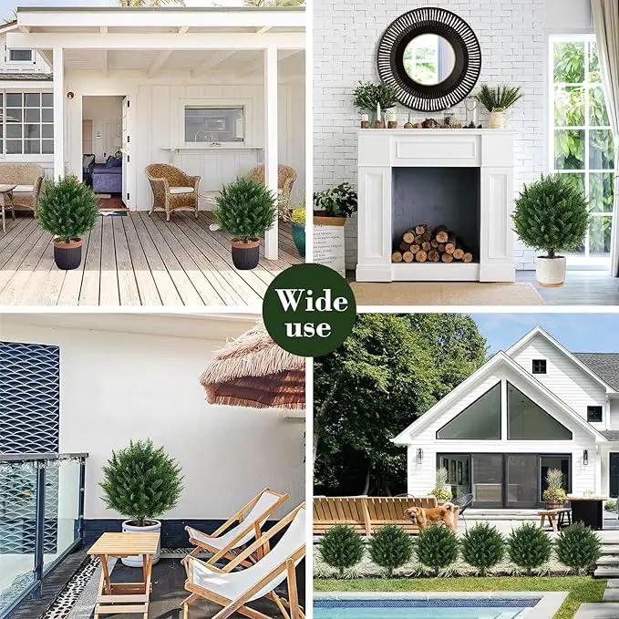 21" Artificial Cypress Topiary Outdoor Plants with Spike, 4 Pack Faux Cedar Bushes UV Resistant Fake Shrubs for Front Porch Décor by GreenHaven Gardens
