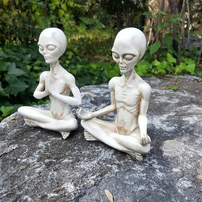 White Alien Statue, Resin Yoga Pose Alien Figure, 6.3" H Creative Yoga Alien Statue of The Thinker for Home Offcie Garden Decor Supplies by GreenHaven Gardens