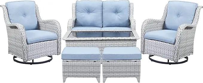Wicker Outdoor Furniture Patio Furniture Set - 6 Piece Patio Conversation Set with Swivel Rocker Chairs, Loveseat Sofa, Ottomans and Coffee Table, Baby Blue Cushion by GreenHaven Gardens