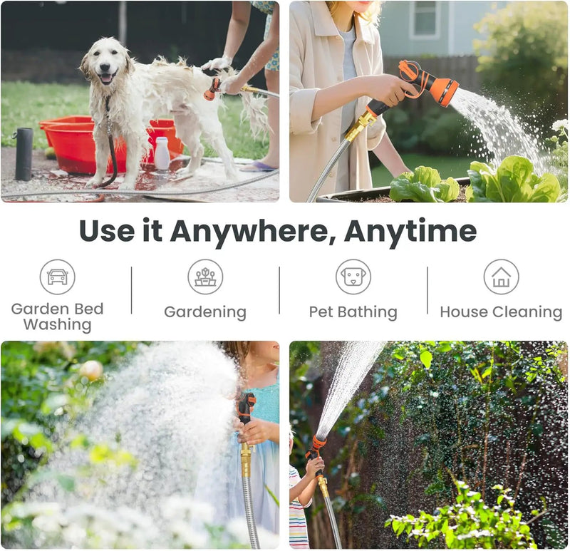 Girafe Tools Garden Hose 25ft x 5/8", 304 Stainless Steel Metal Water Hose, No Kink Garden Water Hose with 9 Pattern Spray Nozzle, Flexible, Lightweight, Kink Free Hose for Yard, Outdoor by GreenHaven Gardens