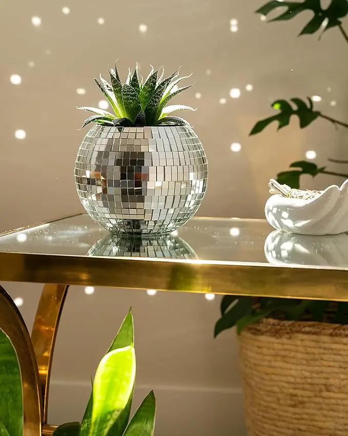Hanging Disco Ball Planter 8" - with Acrylic Stand and Macrame Plant Hanger - Home Décor, Room Décor, Mirror Disco Planter, Disco Decor (6" with Black Hanger, Flat Base) by GreenHaven Gardens