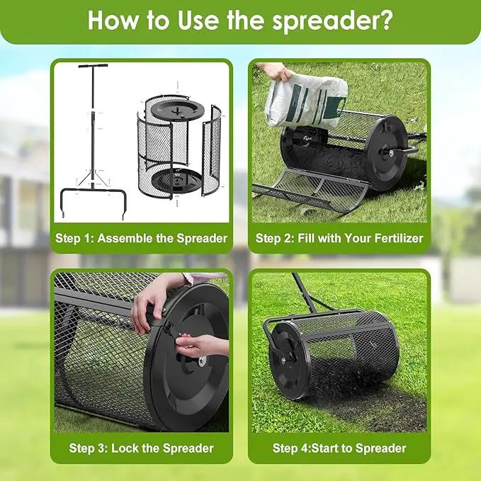 Seeutek Compost Spreader, 24" Peat Moss Spreader with 3 Heights, Top Soil Spreader W/Upgraded Side Latches Support Rod Powder Coated Metal Mesh Top Dressing Spreader for Lawn, 2 Way Uses-Push or Tow by GreenHaven Gardens