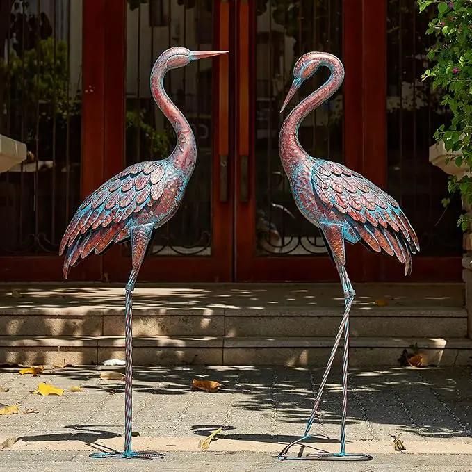 Kircust Garden Crane Statues Patina Heron Decoy, Standing Metal Crane Sculptures Bird Yard Art for Outdoor Decor, Set of 2 by GreenHaven Gardens