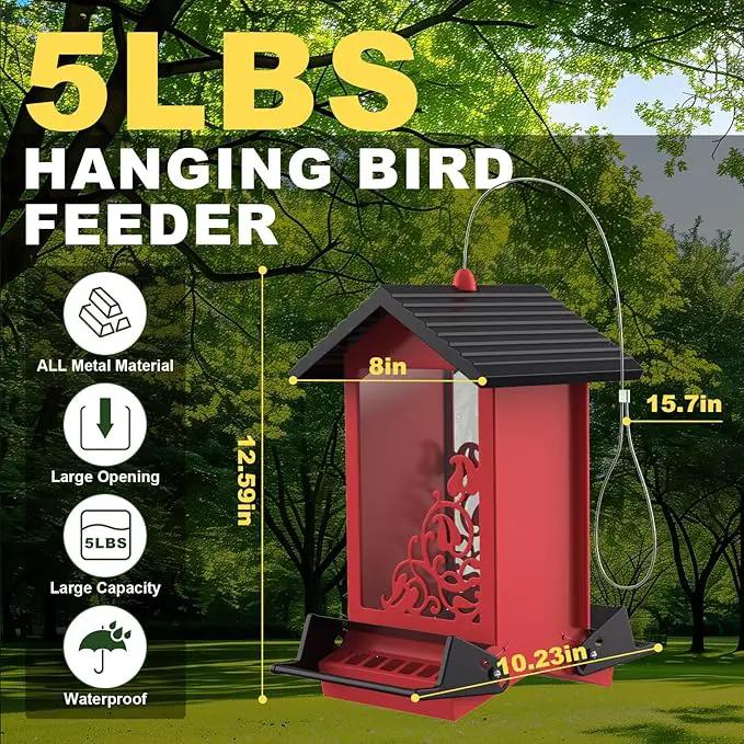 Squirrel Proof Bird Feeder for Outdoor Hanging,Metal Bird Seed Feeder with Bilateral Weight Activated Perches,5LB Large Capacity Wild Bird Feeders for Outside,Easy Refill and Clean,Red by GreenHaven Gardens