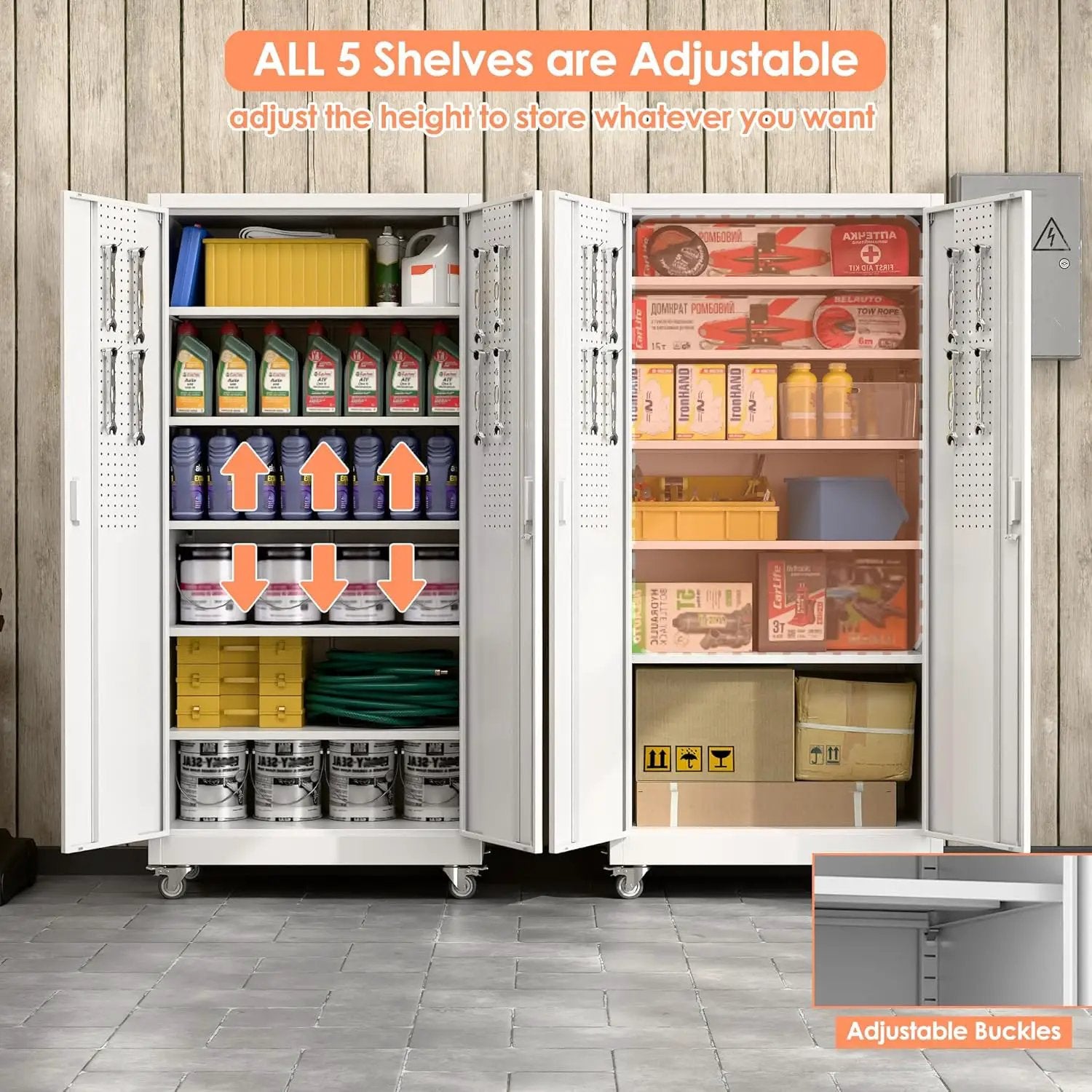 Aobabo 71" H×32" W×16" D Metal Storage Cabinet with Wheels, Garage Steel Storage Cabinet with 5 Adjustable Shelves and 4 Hooks for Home Office, Kitchen, Assembly Required, White by GreenHaven Gardens