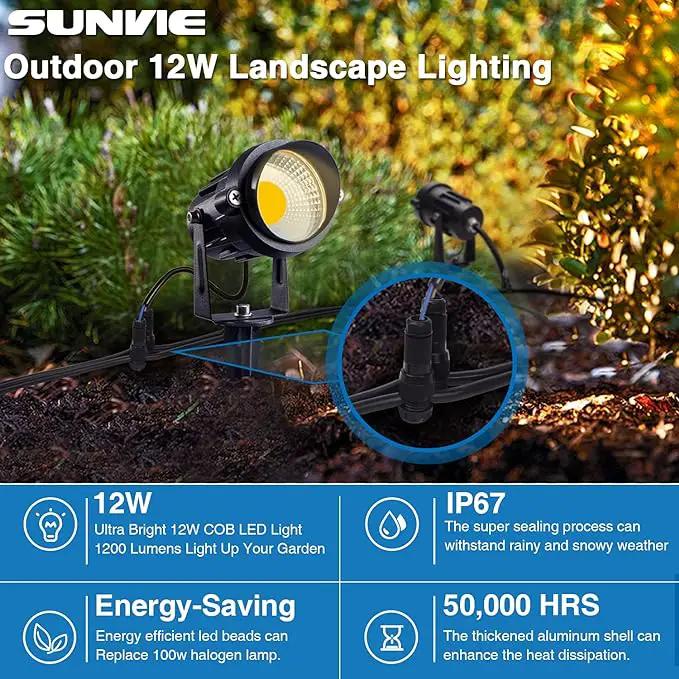 SUNVIE 12W Low Voltage Landscape Lighting Waterproof LED Landscape Lights 3000K Garden Pathway Lights 12V Outdoor Spotlights with Spike Stand, 2 Pack with Connectors by GreenHaven Gardens