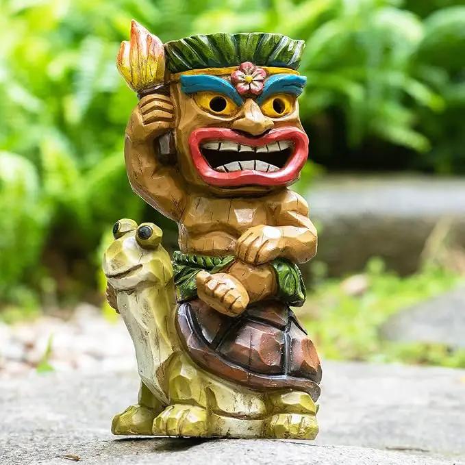 Solar Tiki Statue Light-Garden Turtles Outdoor Decor - Tiki Man Riding Turtle with Tiki Torch Solar Light for Tiki Bar Decorations, Patio, Balcony, Yard,Lawn,Gifts by GreenHaven Gardens