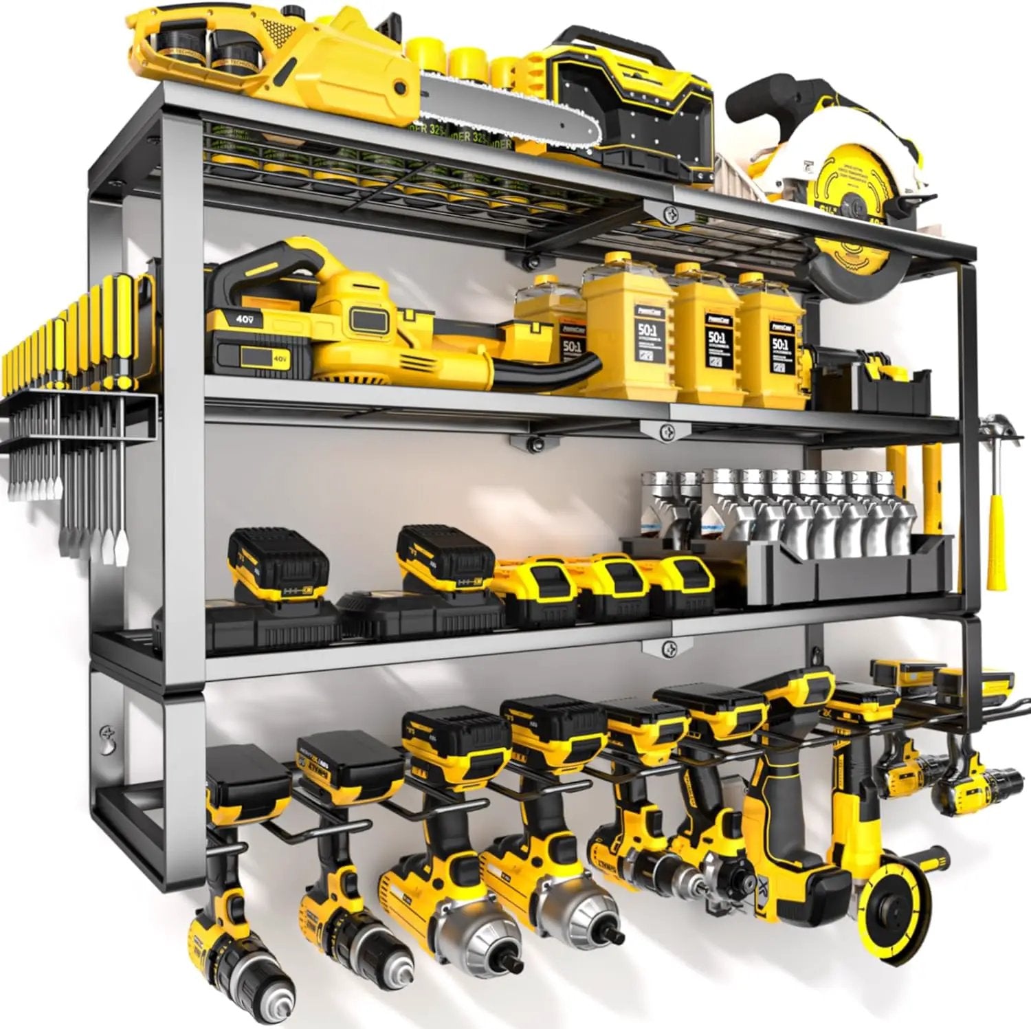 YYR Large Power Tool Organizer Wall Mount, Heavy Duty Metal Cordless Drill Storage Rack with Battery Charging Station Shelf, Utility Racks for Garage Organization, 4 Layer 10 Drills Holder Extra Tall by GreenHaven Gardens