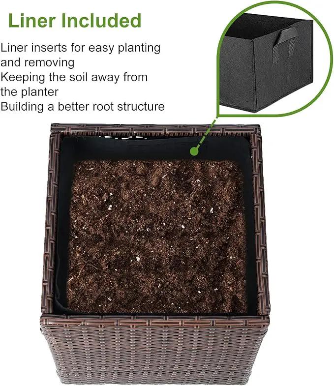 LEWIS&WAYNE Large Square Planter Box Handmade Wicker Tall Planters for Outdoor Plants with Removable Liners Modern Planter for Indoor Outdoor Garden Patio Front Porch - Brown, 17''x17''x18'' by GreenHaven Gardens