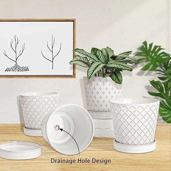 EFISPSS Ceramic Plant Pots Indoor, 5 Inch Planters with Drainage Holes and Ceramic Tray, Relief Design Flower Planter, Desktop Office Windowsill Decoration Gift Set of 4, White by GreenHaven Gardens