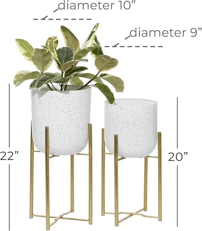 Deco 79 Metal Indoor Outdoor Planter Deep Dome Speckled Large Planter Pot with Gold Stands, Set of 2 Planters 22", 19"H, White by GreenHaven Gardens