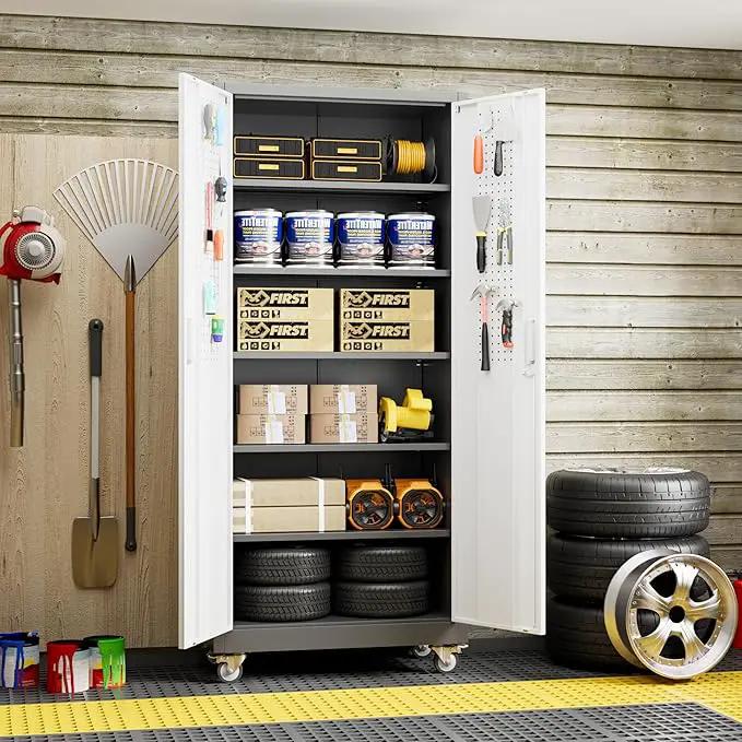 71" H×32" W×16" D Garage Storage Cabinet with Wheels & Pegboard, Locking Metal Storage Cabinet with Doors and 5 Adjustable Shelves & & 4 Hooks for Garage Warehouse Home Office, White and Gray by GreenHaven Gardens