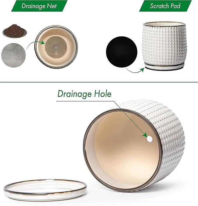 D'vine Dev Set of 2 Ceramic Plants Pots, 4 Inch Beaded Stoneware Flower Pot for Plants with Drainage Hole and Saucer, Smoked White, 27-E-Z-1 by GreenHaven Gardens