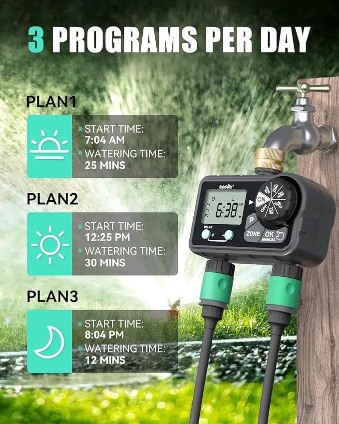 RAINPOINT Brass Sprinkler Timer 2 Stations, Large Digital Water Timer for Garden Hose with 6 Programmable Procedure, with Delay/Manual/Auto Irrigation Mode for Week/Specific/Daily Watering by GreenHaven Gardens