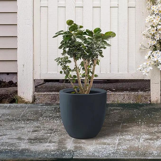 Kante 10 Inch Dia Round Concrete Planter, Indoor Outdoor Large Plant Pot with Drainage Hole and Rubber Plug for Home Patio Garden, Charcoal by GreenHaven Gardens