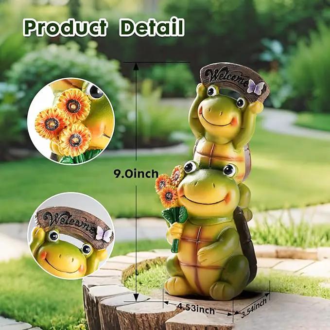 Garden Turtle Outdoor Statues, Solar Garden Statue Two Sweet Frog Face Turtles Decor with 3 LED Lights, Unique Art Resin Gifts for Patio Lawn Porch Yard by GreenHaven Gardens