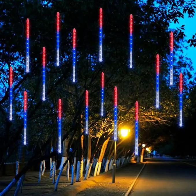 Dazzle Bright 4th of July Lights Decorations, 288LED Red Blue and White Meteor Shower Rain Lights 12Inch 8 Tubes, Waterproof Plug in Falling Rain Light Independence Day for Outdoor Yard by GreenHaven Gardens