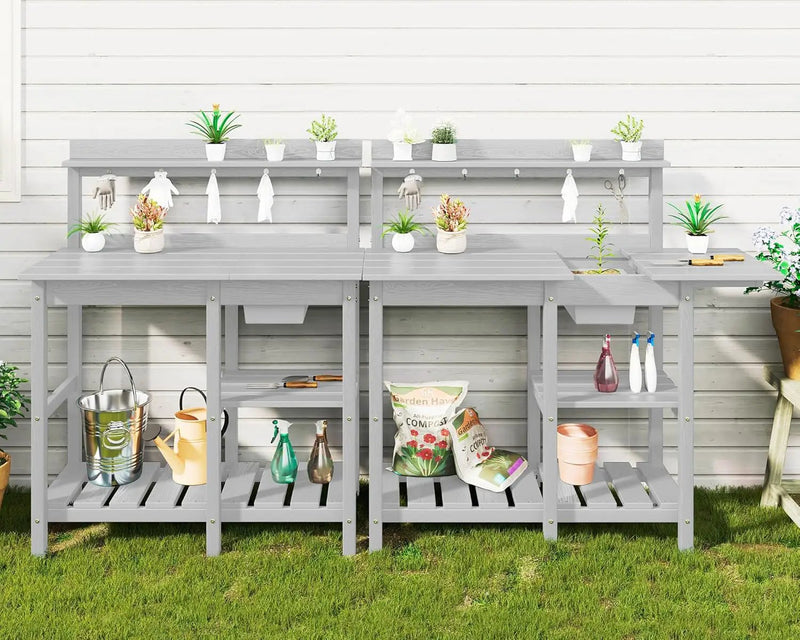 SERWALL Potting Bench Set of 2 Outdoor Potting Table with Sink, HDPE Potting Benches for Outside Gardening Table All Weather Use- Spanish Gray by GreenHaven Gardens