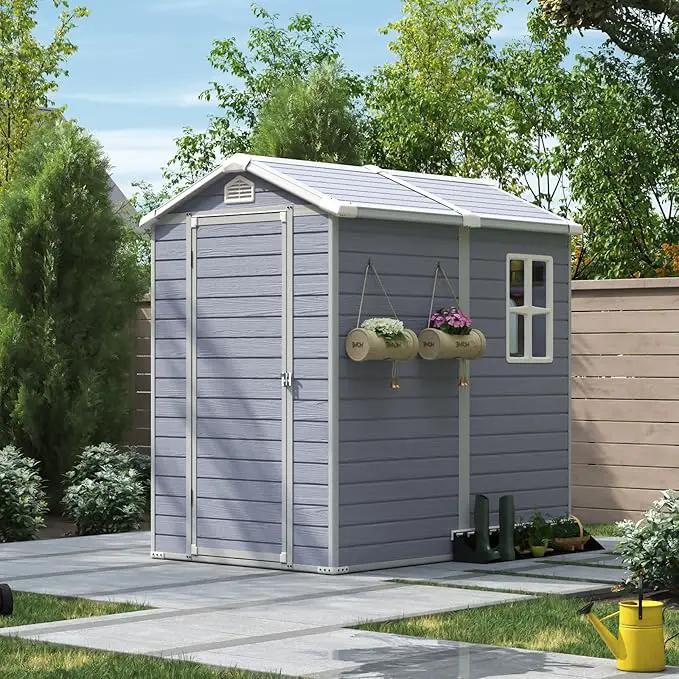 Aoxun 4'x6' Resin Outdoor Storage Shed Utility Tool Shed Storage House, Multi-Purpose Utility Tool House Applicable for Bike, Clutter Storage for Backyard, Patio - Gray by GreenHaven Gardens