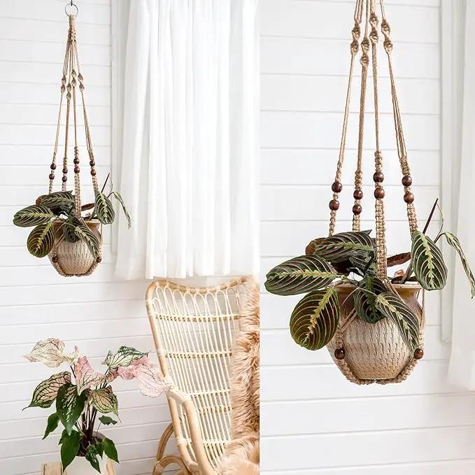 Mkono Macrame Plant Hanger Indoor Jute Hanging Planter Basket with Wood Beads Decorative Flower Pot Holder No Tassels for Indoor Outdoor Boho Home Decor 35 Inch, Brown, Set of 1 (POTS NOT Included) by GreenHaven Gardens