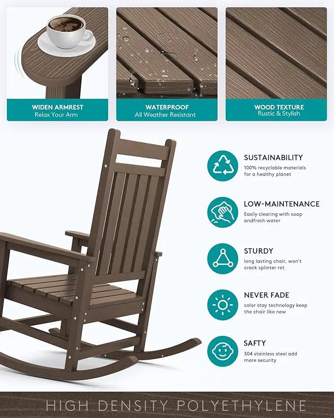 SERWALL Outdoor Rocking Chair Set of 2, HDPE Rocking Chairs for Adult, All Weather Porch Rockers for Lawn Garden, Coffee by GreenHaven Gardens
